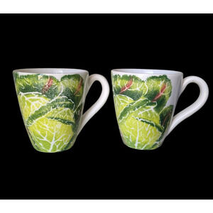 Vietri Spring Vegetables Cabbage Set of 2 Mugs Made in Italy Large Green DAMAGED